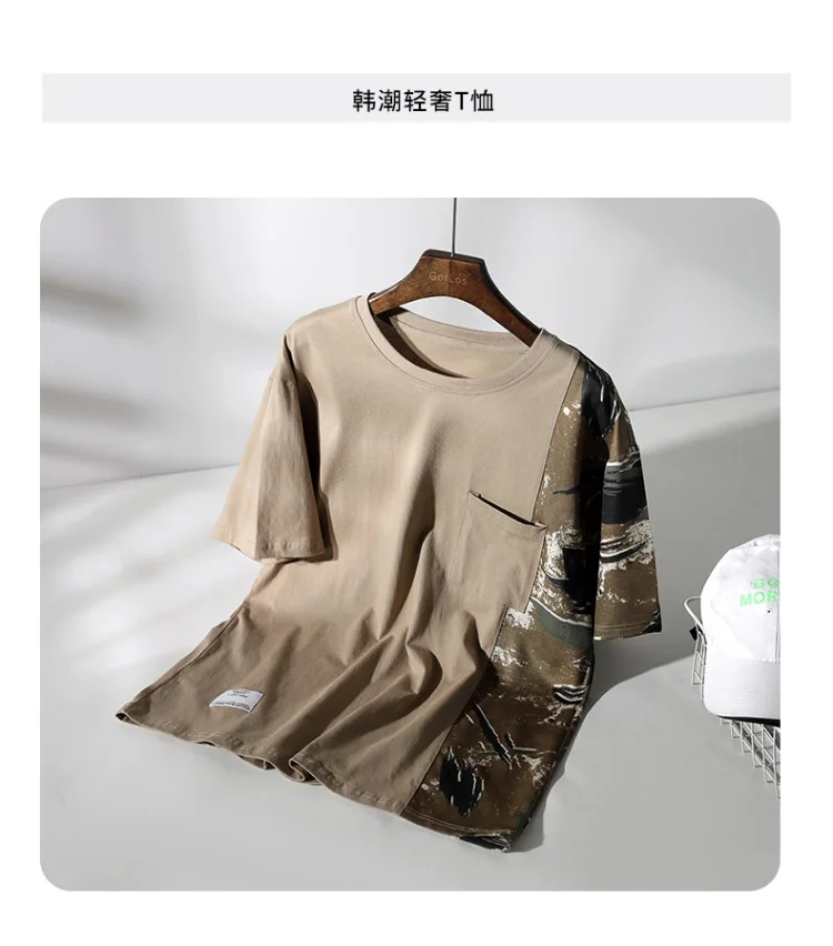 

Men's short brand loose short sleeve t-shirt men's summer Japanese fashion stitching camouflage pocket half sleeve cartoon top