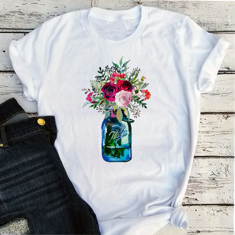 

Rose Tee Flower Vase Women Fashion Clothing Flowers O-Neck Clothes Casual New Summer 2021 Graphic Tee Vintage Streetwear XL