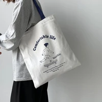 women cartoon print canvas bag encrypted thick shoulder bag female student class bag literary all match large capacity tote bag