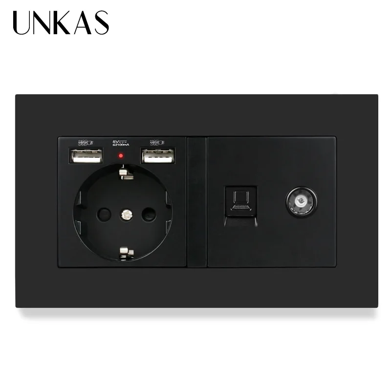 Электрическая розетка UNKAS пластиковая европейского стандарта с двумя USB-портами