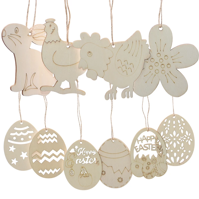 

10pcs/lots Wooden Easter Pendant With Rope Wall Hanging Decoration DIY Unfinished Hand Painted Wood Craft Easter Party Ornaments