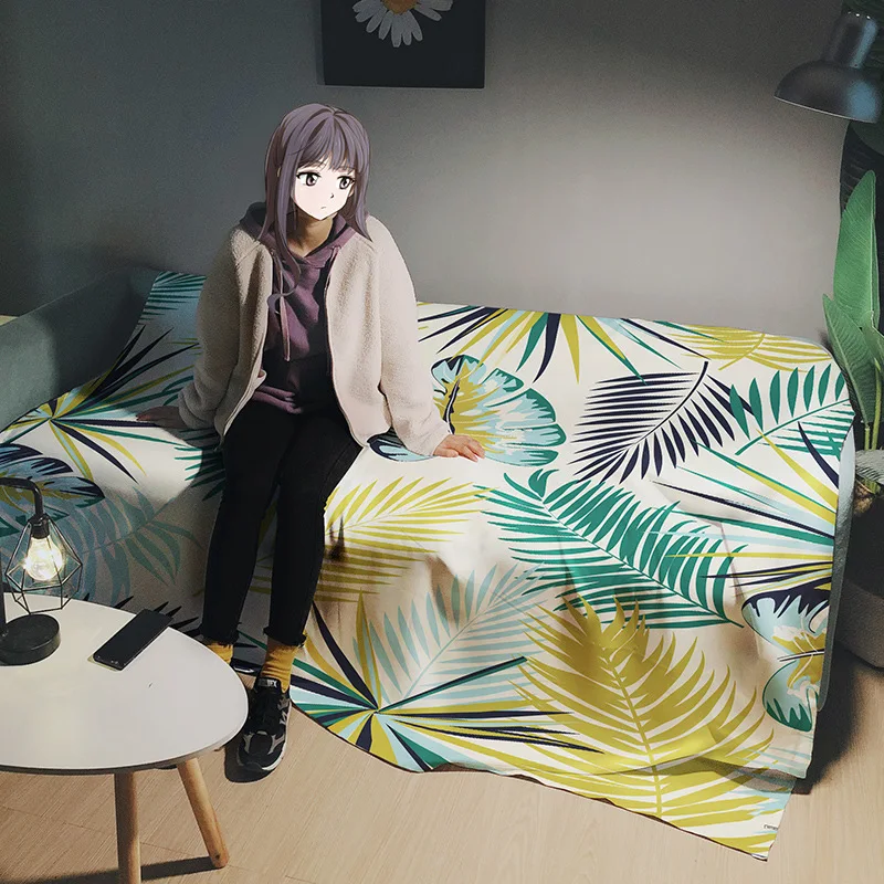 

Nordic Style Sofa Towel The Sofa Blanket with Leaf Flower Pattern Printed on Imitation Linen Fabric Is Suitable for Any Scene
