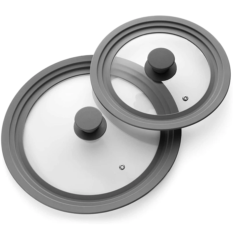 

Silicone Glass Lid Gray Pack of 2 - Universal Silicone Glass Lid for Pots Pans & Skillet 8 to 11 Inches, Glass Lid