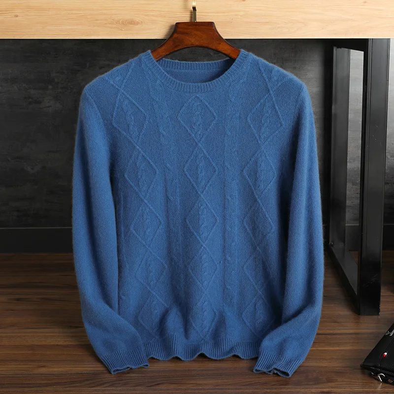

Zocept 100% Merino Wool Warm Thick Sweater Winter Men Fashion Round Neck Argyle Knitted Pullovers Casual Long Sleeve Jumper Tops