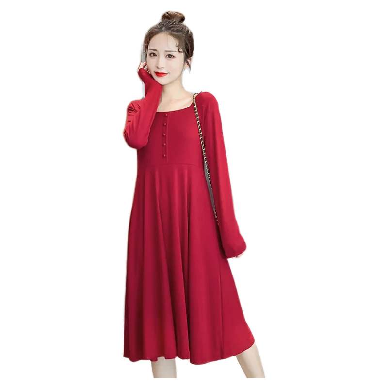 

8021# Autumn Korean Fashion Maternity Dress Long Sleeve Slim Elegant Clothes for Pregnant Women Stretch Loose Pregnancy Dress