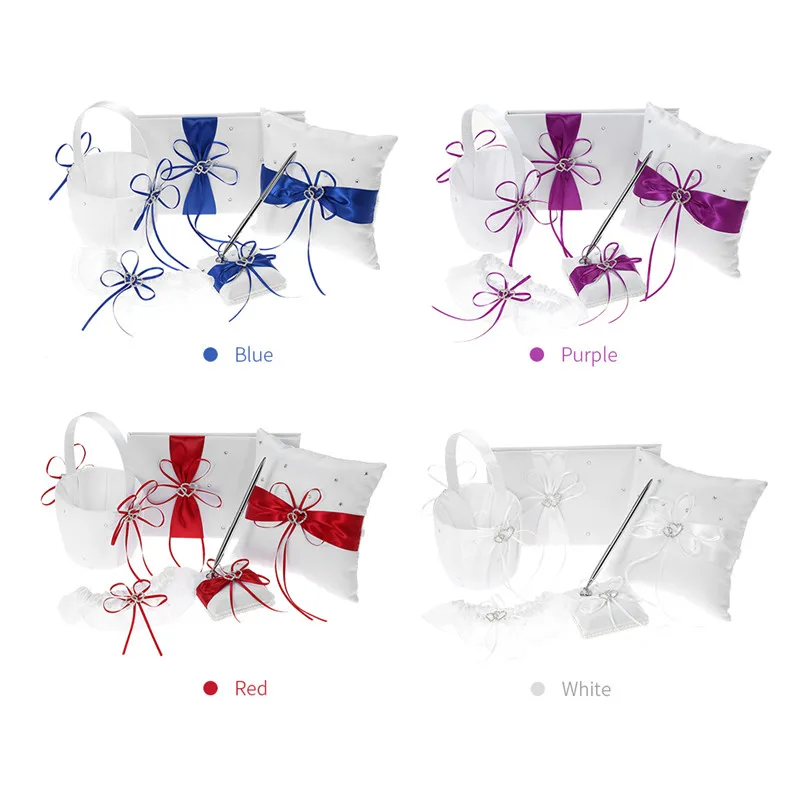 

5pcs/Set European Wedding Decor Ring Pillow Double Heart White Red Blue Handmade Ribbon Bowknot Rhinestone Party Supplies