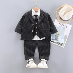New Children Cotton Formal Baby Boys Shirts Strips Wedding Coat Vest Shirt Pants 4Pcs/Sets Out Kids Toddler Clothing Party Cloth