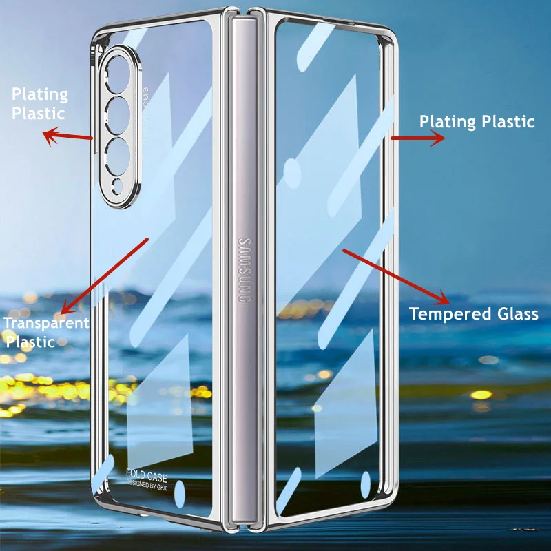 front tempered glass transparent case for samsung galaxy z fold 3 5g cover plating frame hard clear s pen slot holder back case free global shipping