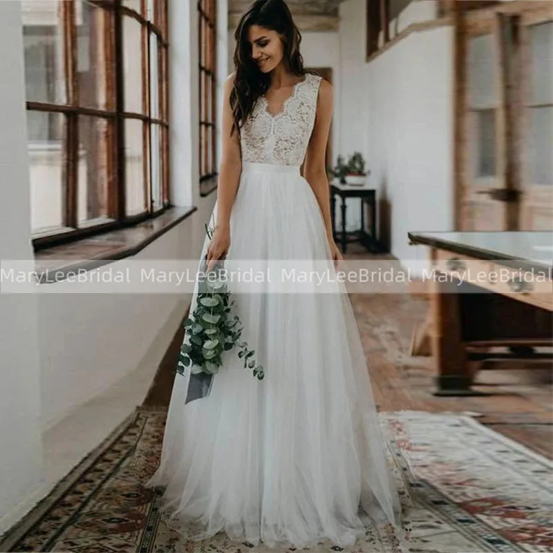 

ZJ9242 Lace Wedding Dresses Elegant V-neck Sleeveless Soft Tulle Backless Beach Boho Bridal Gowns Custom Made