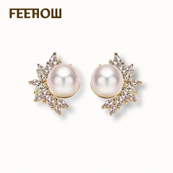 Gold Color 9 FEEHOW модные свадебные Букле д 'ореиль ювелирные изделия элегантные циркониевые кристаллы цветок жемчужные серьги для женщин подружки невесты подарок FWEP075 - Окраска металла: Gold Color 9