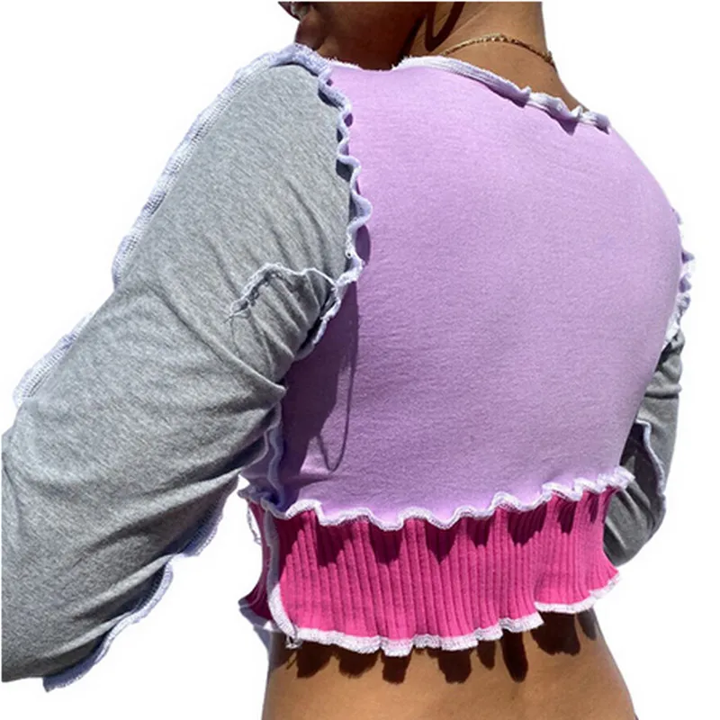 

New Autumn Womens T Shirt Color Block Crop Top Casual Long Sleeve Round Neck Ruffle Trim Slim Fit Tee Shirt Ladies Shirts Tops