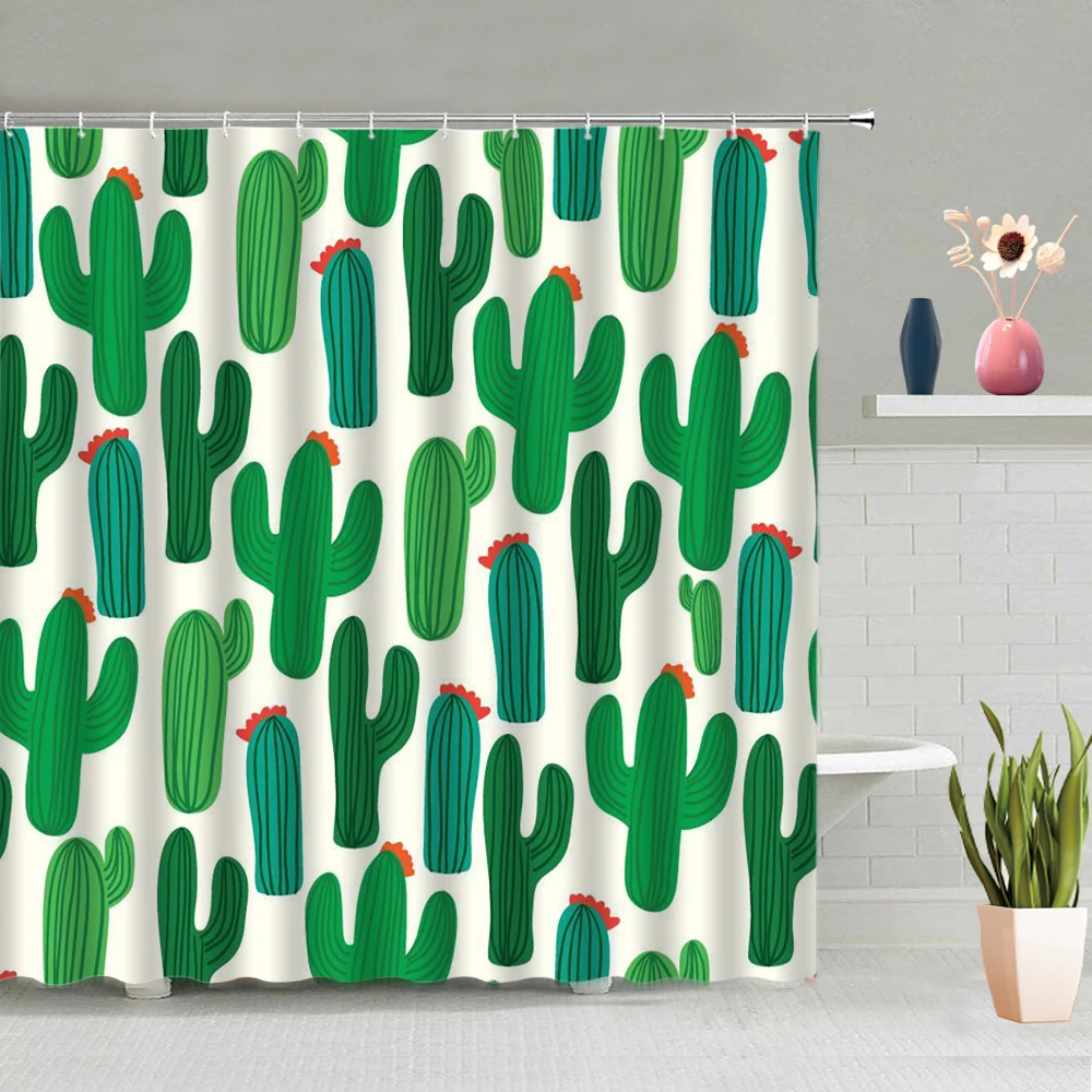 

Cactus Pattern Shower Curtain Tropical Plant Background Bathroom Decoration Accessories Waterproof Polyester Fabric With Hooks