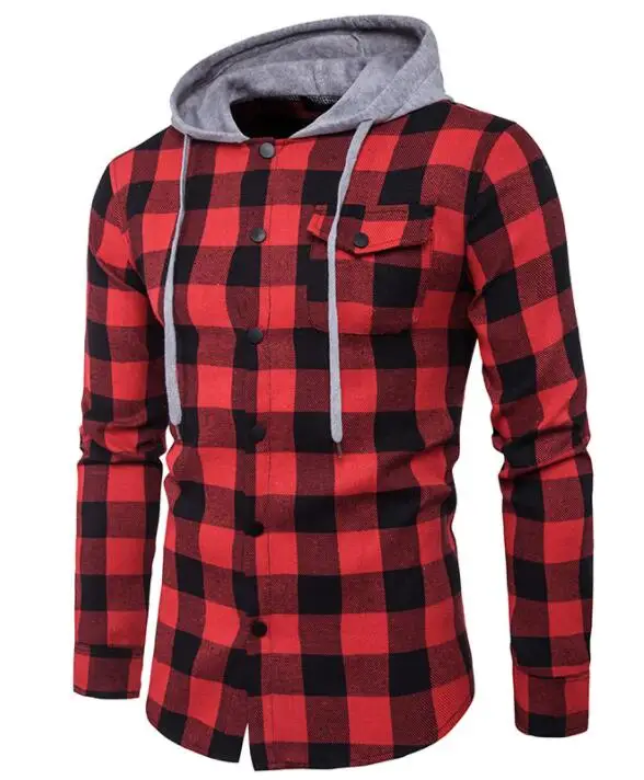 2021 Men's Hooded Shirt Large Plaid Men Pocket Hooded Plaid Shirts Men Long Sleeve Shirts