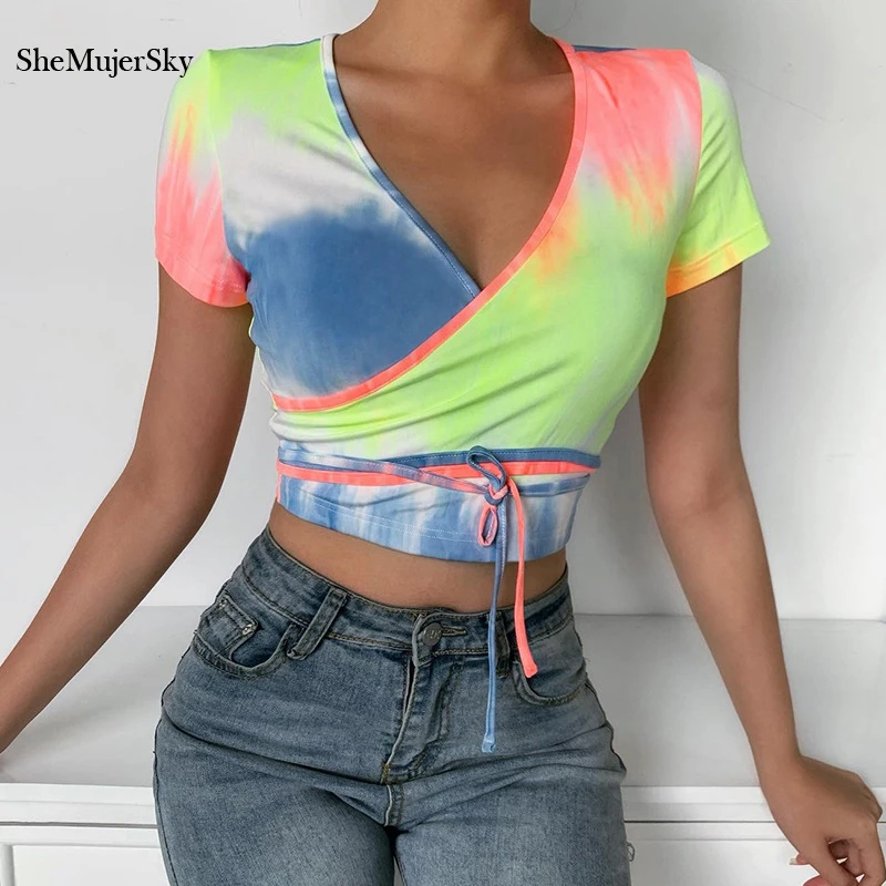 SheMujerSky женские цветные укороченные топы летние блузы с коротким рукавом и v