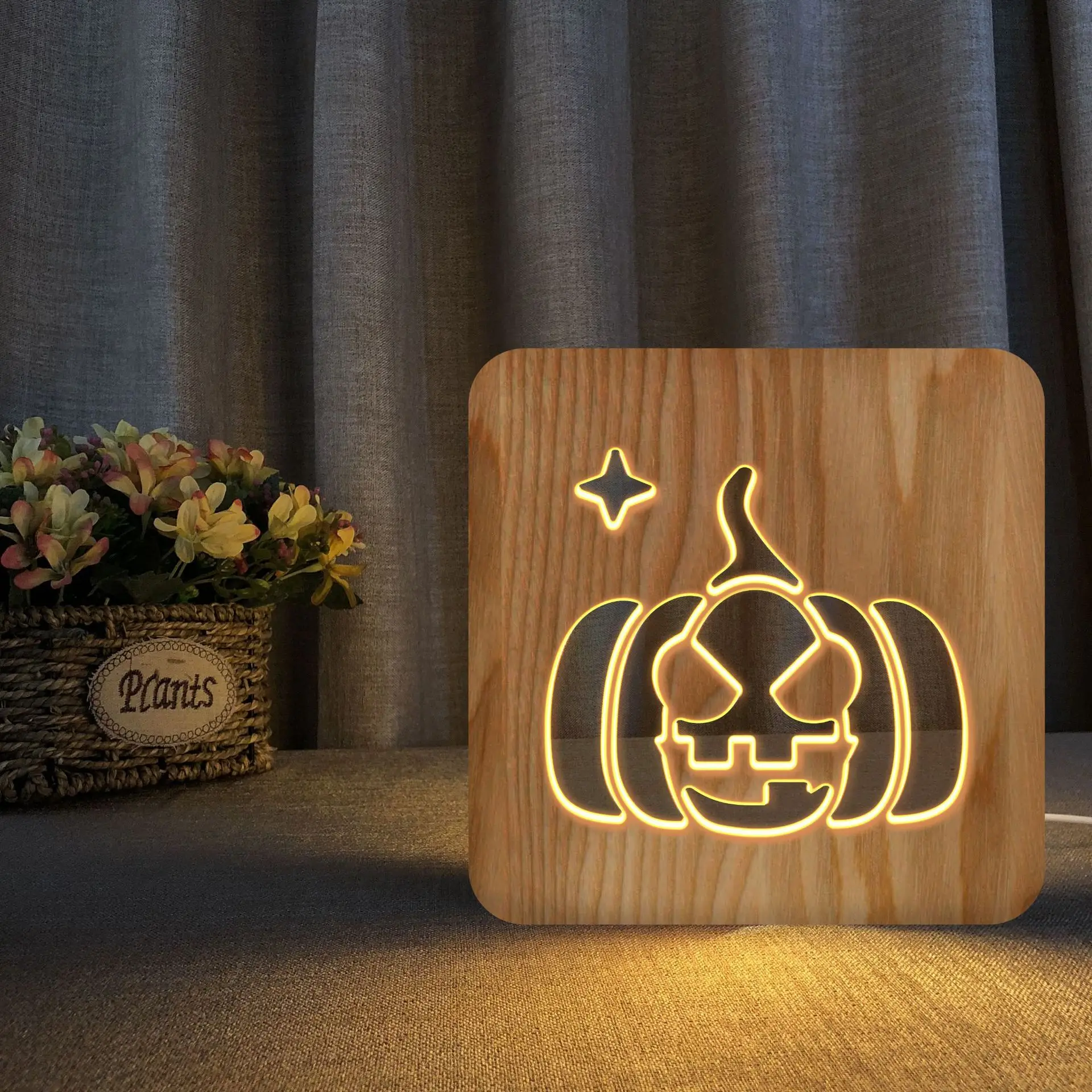 

Halloween Pumpkin Grimace Wooden Craftwork Creative Wooden Desk Lamp European Decoration Small Ornaments