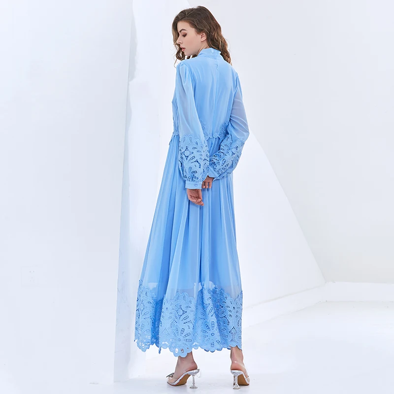 

TWOTWINSTYLE Vintage Dress For Women Stand Collar Lantern Sleeve Patchwork Lace Up Embroidery Elegant Dresses Female 2020 Autumn