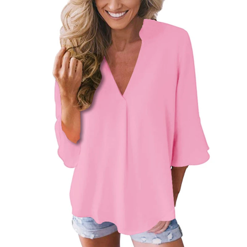 Ladies New Shirt Casual Solid Color V-Neck Sleeve Top Butterfly Chiffon Blouse Elegant Loose Office Large Size 5XL | Женская одежда