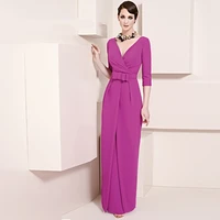hot selling purple v neck 34 sleeve long mother of the bride dresses with bow floor length vestido para mae da noiva mmbd52
