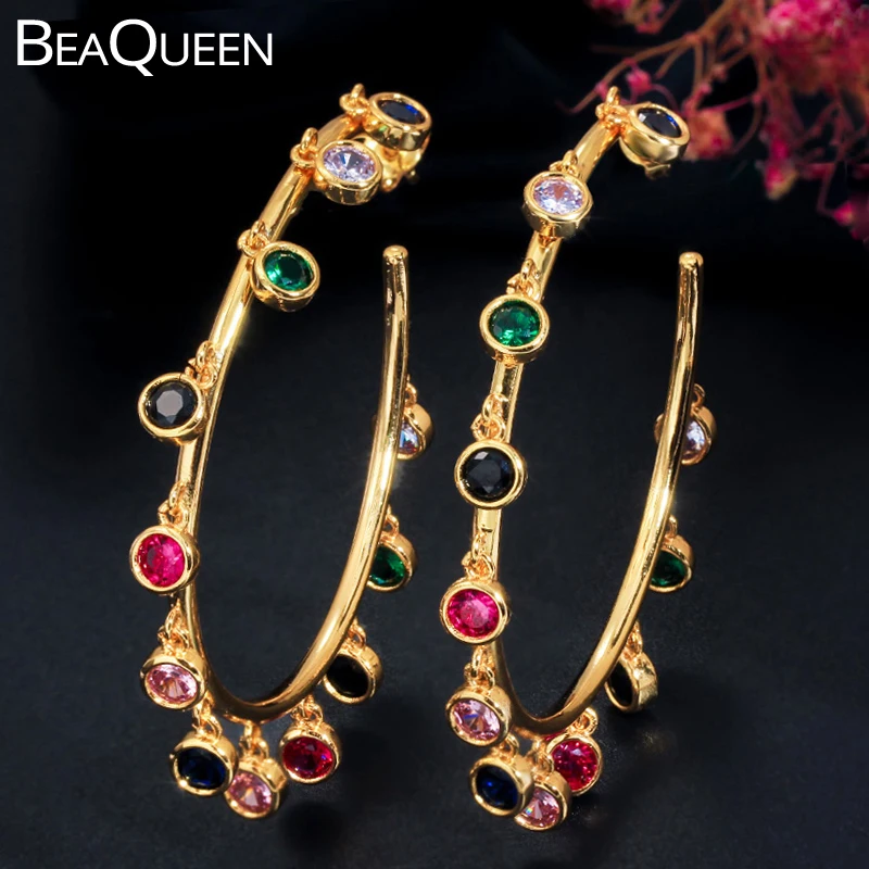 

BeaQueen новые серьги с кисточками и круглыми фианитами, висячие серьги с радужными кристаллами, желтое золото, эффектные ювелирные изделия E329