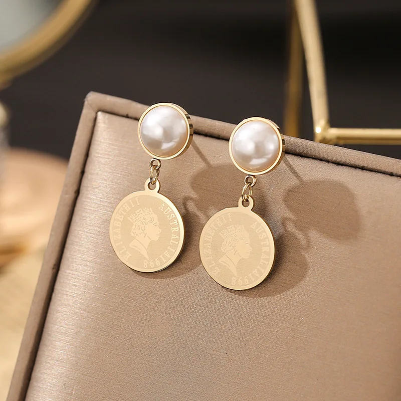 

XIYANIKE 316L Stainless Steel Pearl Gold Coin Portrait Pandent Earrings 2021 Trend Earrings For Women Fashion Gift Party Jewelry