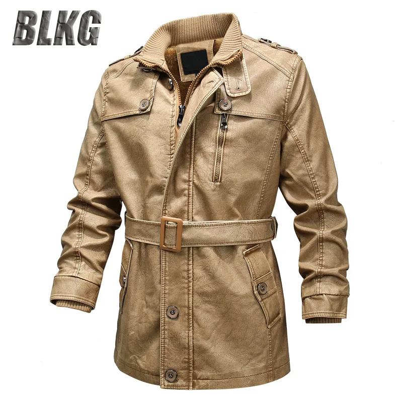 Мужская длинная куртка из пу кожи blкг толстая теплая флисовая повседневная