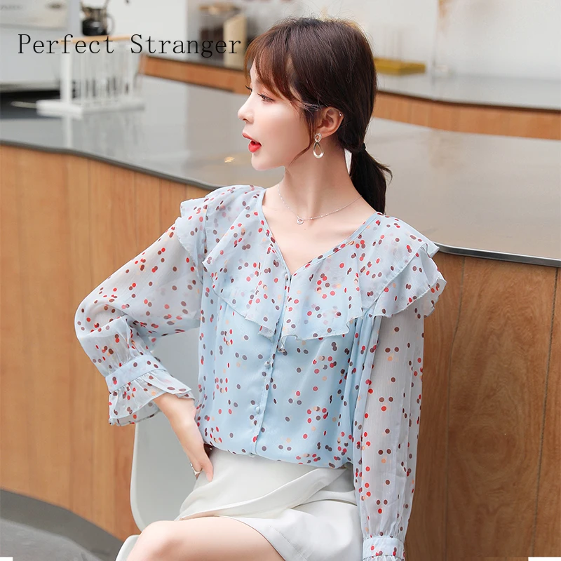 

2020 AutumnNew Arrival Hot Sale V Collar Long Sleeve Dot Printed Women Chiffon Blouse High Quality