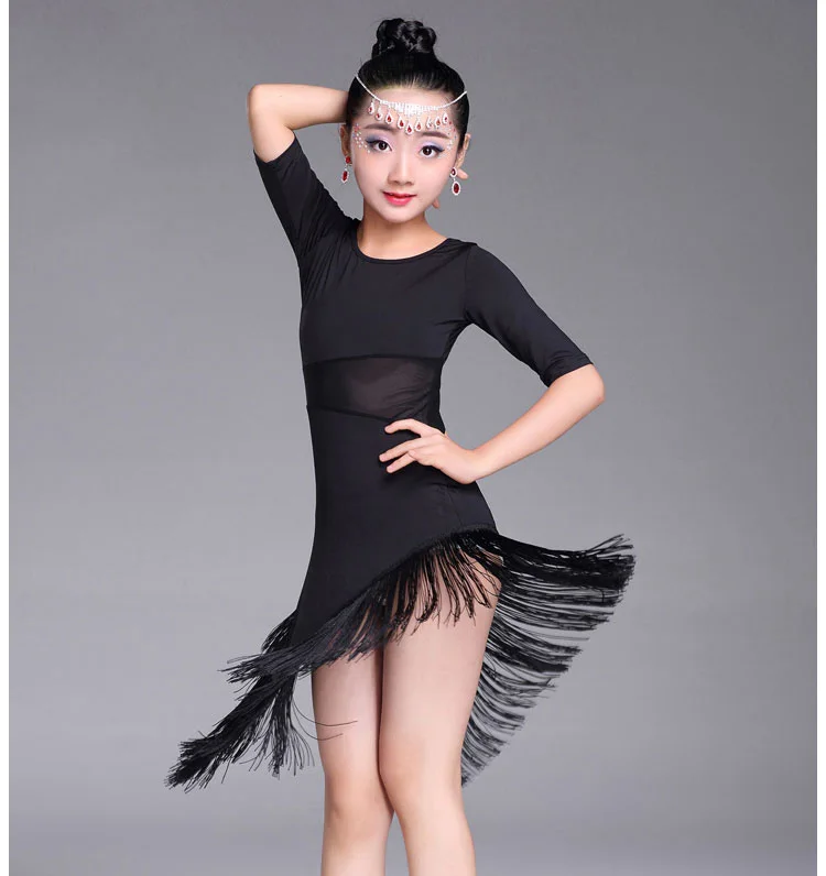 

New Kids Child Girls Latin Dance Dress Fringe Latin Dance Clothes Salsa Costume Black Red Ballroom Tango Dresses For Sale