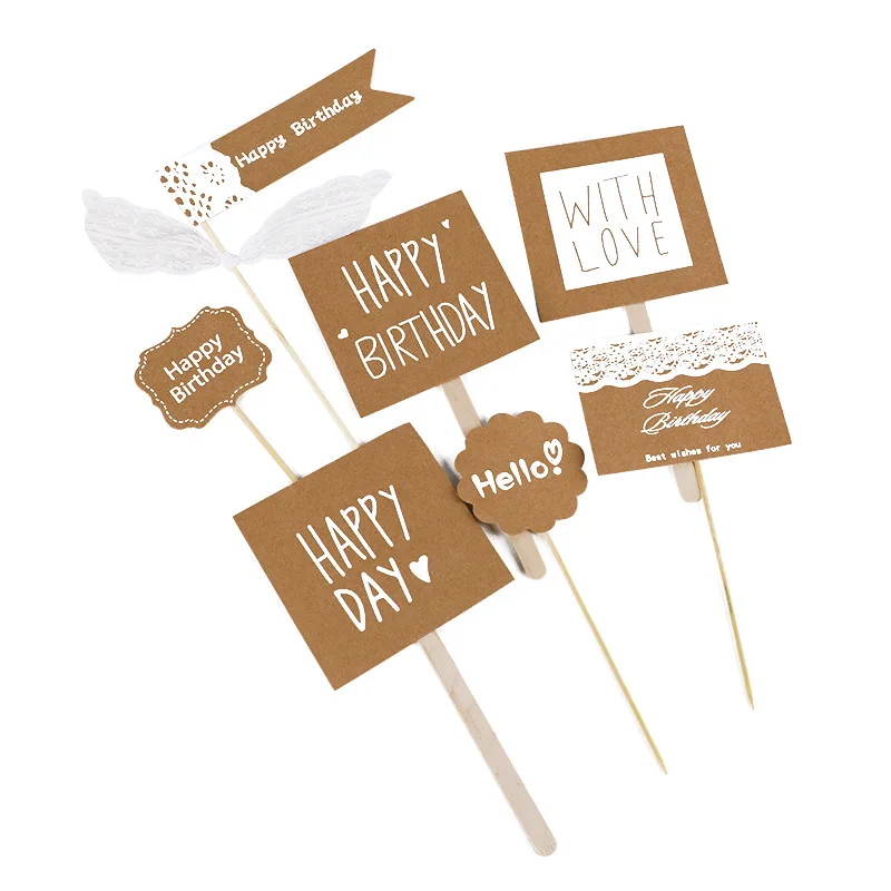

7pcs/bag Rustic Simple Letter Lace Kraft Paperboard Cake Topper Baking Happy Birthday Cake Topper Girlfriend Party Supplies