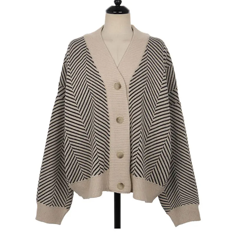 

Knitted Striped Cardigan Sweater Women Fashion Patchwork Top Spring 2020 Long Sleeve Casual Outwears V Neck Buttons Coat