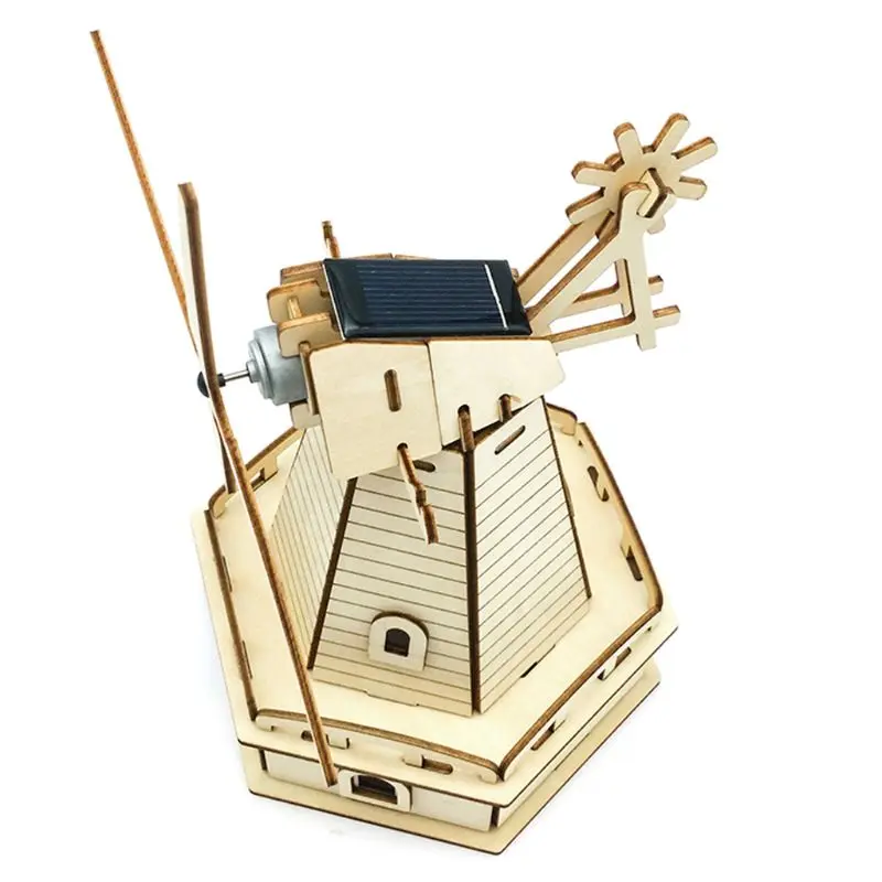

3D Assembled Wooden Puzzle Solar Energy Powered Windmill Jigsaw Model Building Kits for Adults Kids Educational Toy