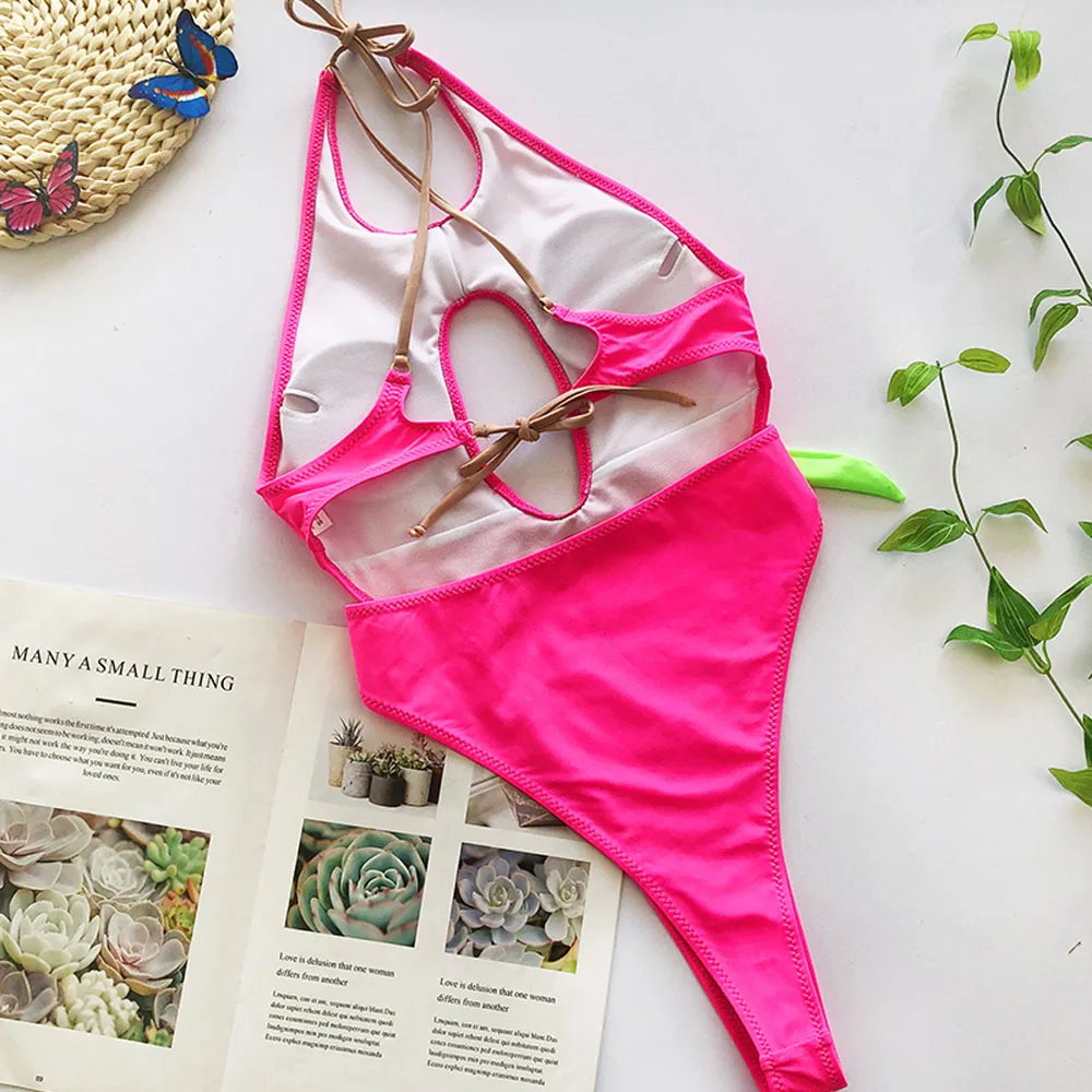 

Sexy Monokini Black and Pink Cut Out Women Swimwear One Piece Swimsuit Female Bather High Waist Bathing Suit Swim Lady