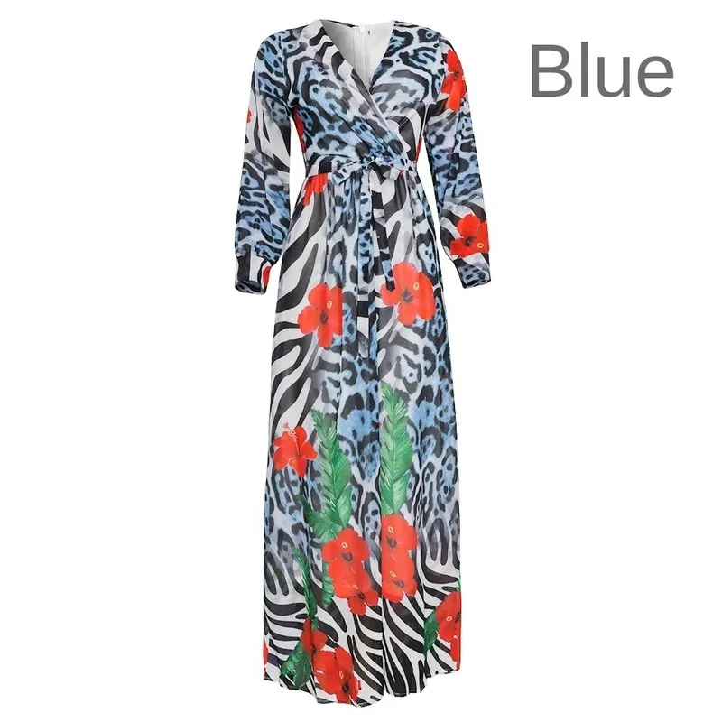 Женское платье макси с леопардовым принтом длинными рукавами и высокой талией