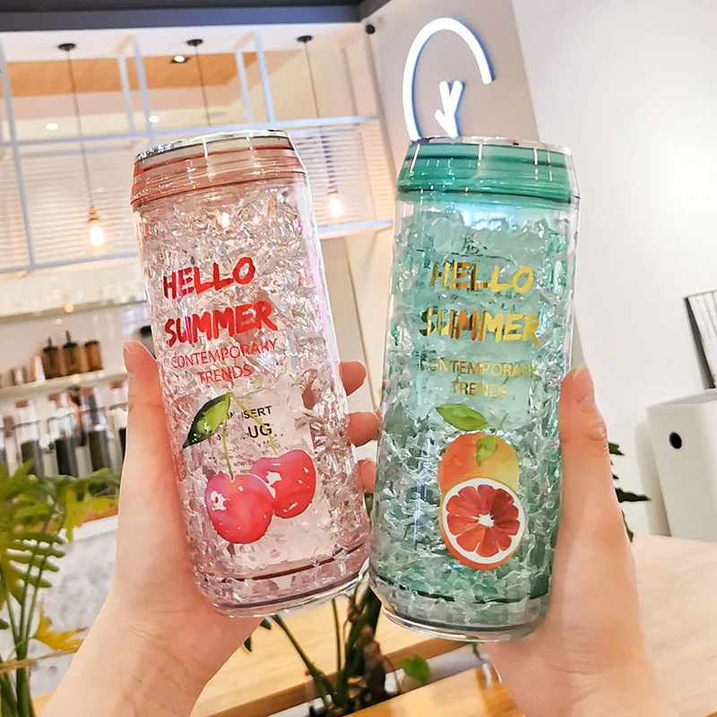 

Creative Cans Ice Cup Cute Plastic Water Bottle with Lids Fruit Milk Drink Bottles Double Layer Refrigeration Crushed Ice Cups
