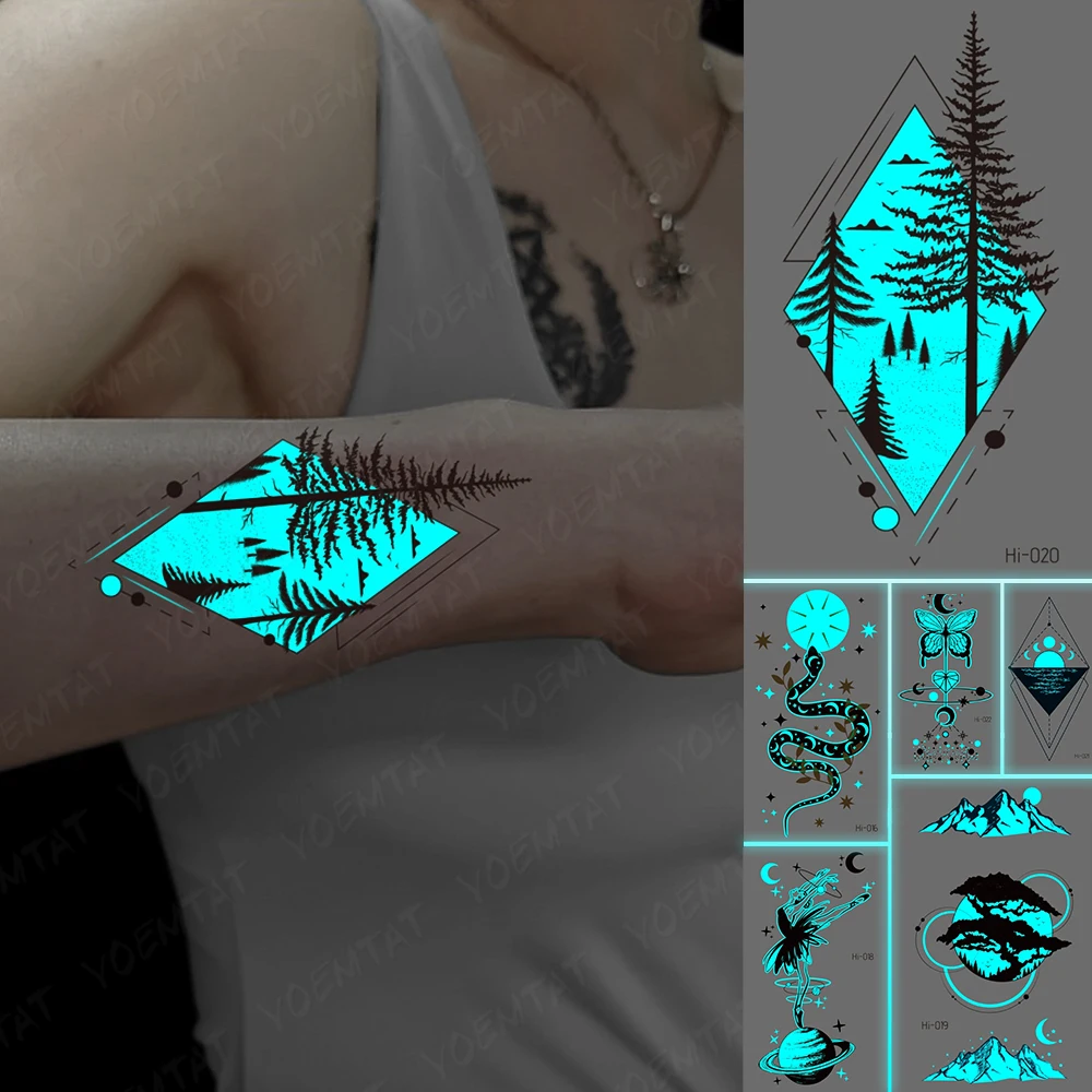 

Blue Luminous Glow Tattoo Sticker Mountain Moon Waterproof Temporary Tatoo Nature Forest Sea Fake Tatto For Body Art Women Men