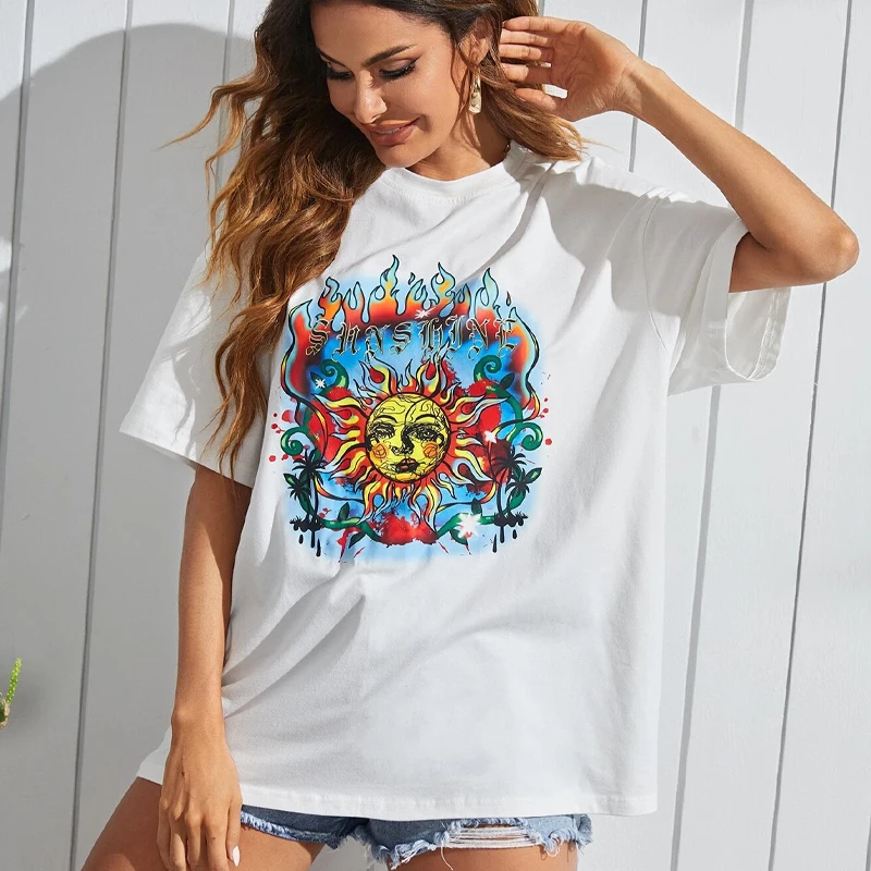 

Harajuku Women T-shirt Sun and Letter Print short sleeve Tshirt Summer Oversized T Shirt Female Streetwear Tops tee Clothing