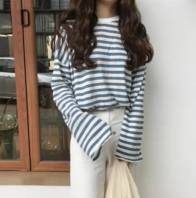 

Womens Autumn striped plus size loose long-sleeved t-shirt
