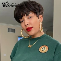 trueme short pixie cut human hair wigs brazilian ombre brown human hair wig for black women straight wig with bangs full wig