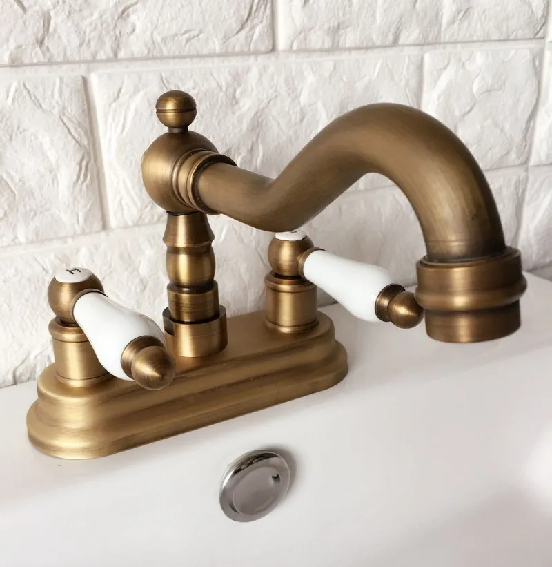 

Antique Brass Double Hole Deck Mount Kitchen Bathroom Sink Faucet Swivel Spout Hot Cold Mixer Water Tap 2an062