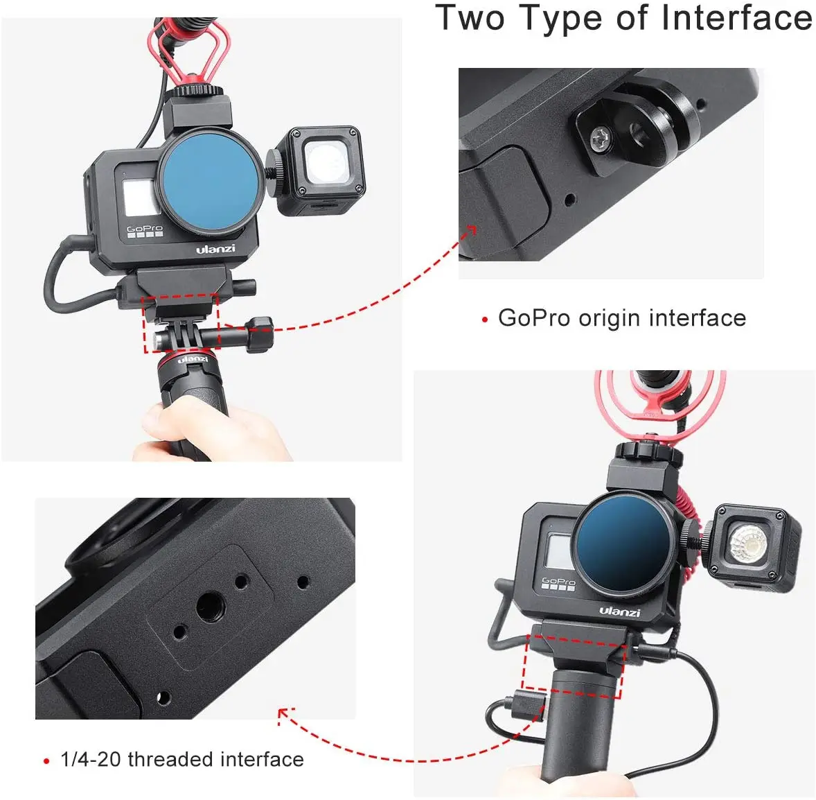 

ULANZI Aluminum Video Cage for Hero 8, 2 Cold Shoe for Microphone LED Video Light, with 52mm Filter Adapter, Lens Cap