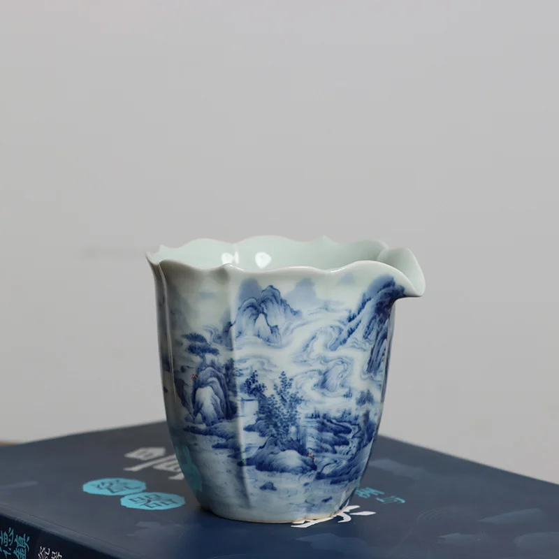 Taza de feria oculta JingLin, dise&ntilde;o art&iacute;stico de paisaje azul y blanco-0