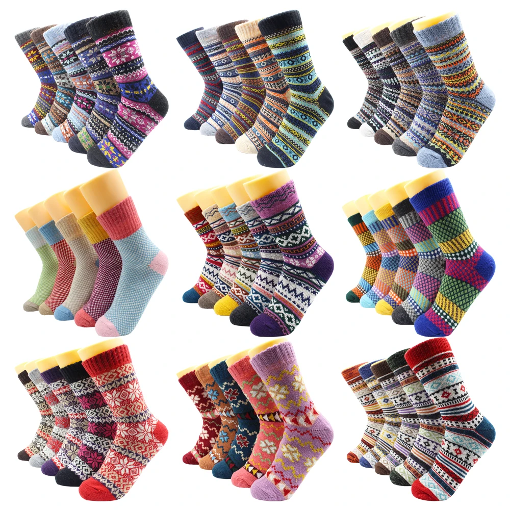 

5 Pairs Fashion Casual Euramerican National Wool Socks Warmer Thermal Thicken Winter Cashmere Snow Women Socks