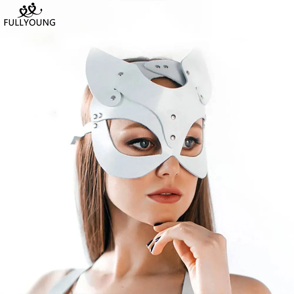 Fullyoung Sexy Woman PU Leather Cat Mask Festival Rave Cat Head White Cosplay Face Adult Halloween Masquerade Party Rave Masks