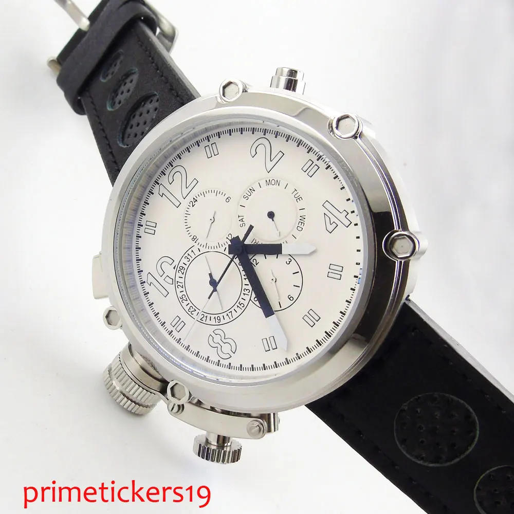 Белый циферблат синие белые стрелки 50 мм чехол из нержавеющей стали кожаный