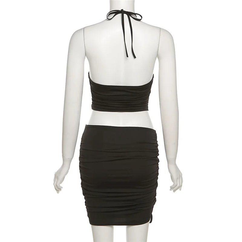 

AIIOU 2021 Shirring Elegant Women Ruched Two Piece Set Summer Clothes for Women Solid Skinny Clubwear Crop Top Suits Female