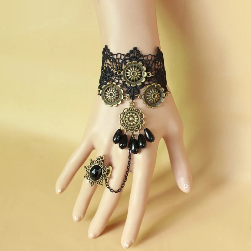 

Новый черный кружевной Цветочный браслет женское ювелирное изделие с кольцом реквизит в стиле ретро готика панк аксессуары для ролевых игр...