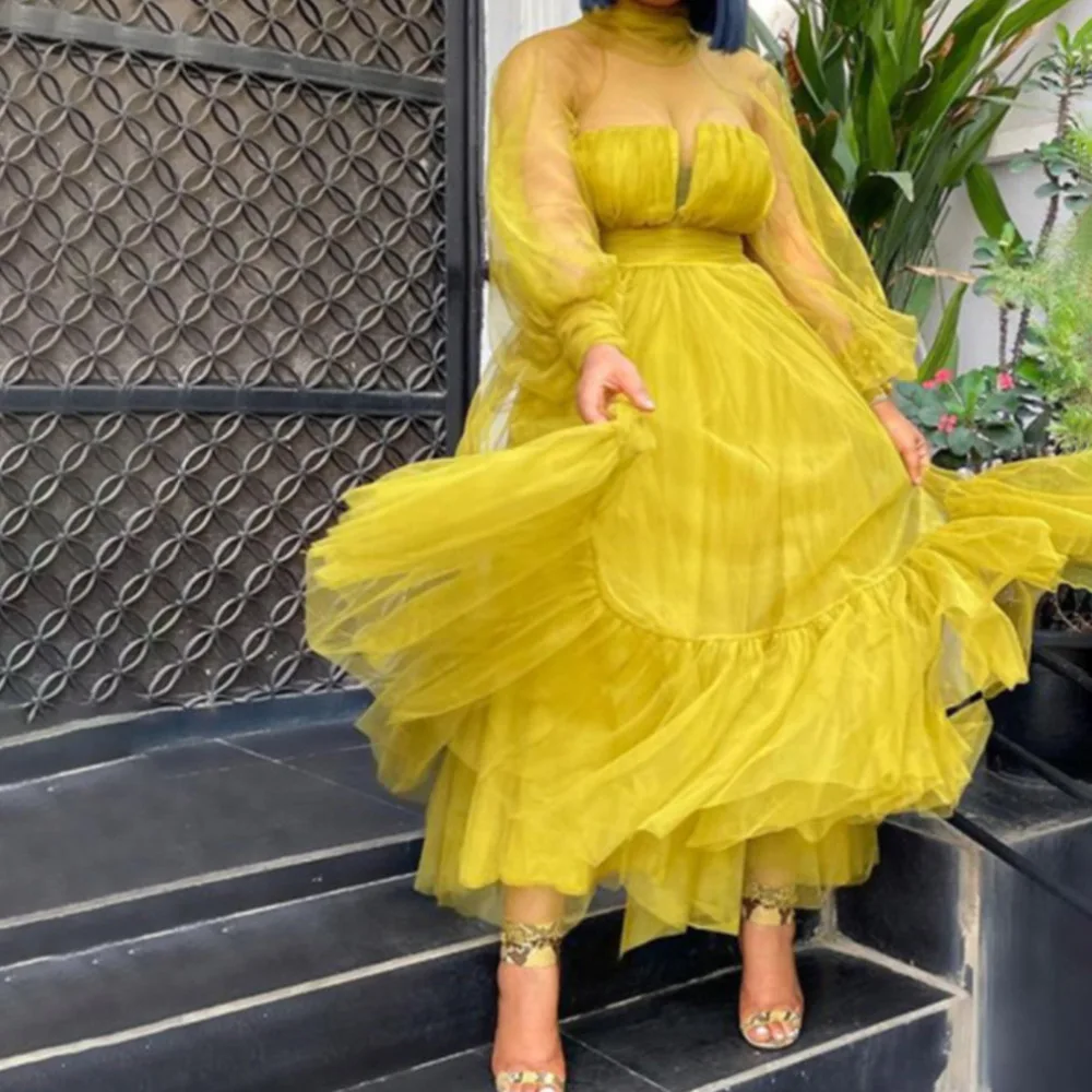 

2021 Long Womens Dress Yellow High Waist Temperament Commute Net Yarn Sexy Perspective Elegance Long Sleeve Women Dress