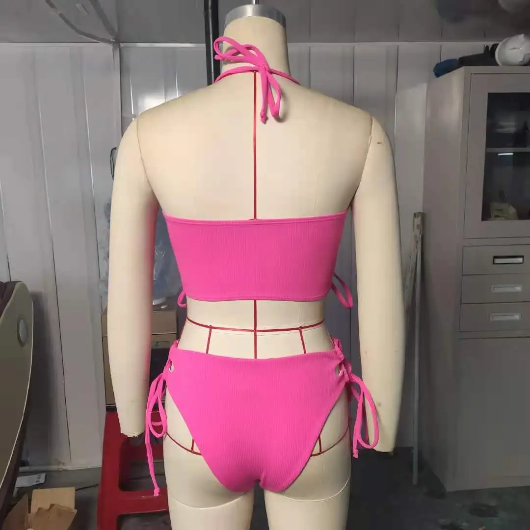 

Two-piece Sexy Pink High Waist Push Up Bikini 2021 Bandage Swimsuit Drawstring Women Swimwear Beach Wear Swim Bathing Suit