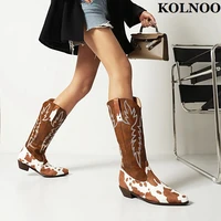 kolnoo new 2022 handmade women block heel boots embroidery retro vintage style midcalf cow boots evening fashion winter shoes
