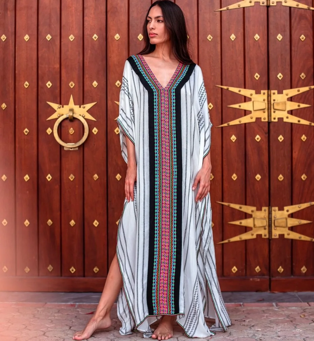 

Loose V-neck women black stripe print holiday Dress Summer Maxi dress