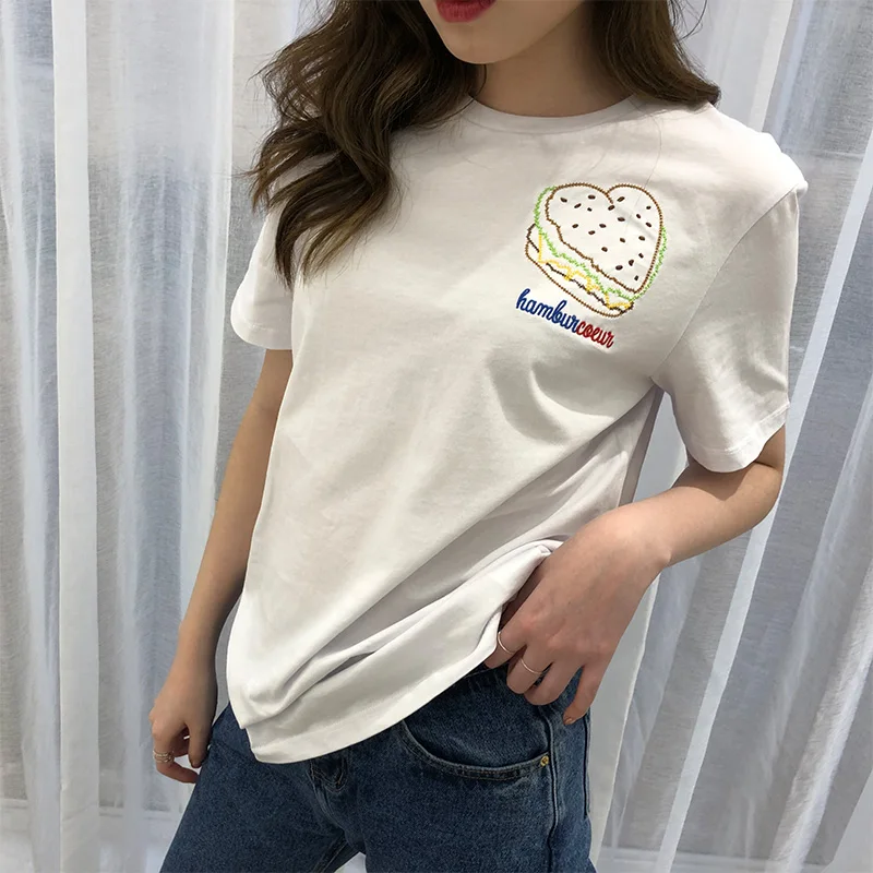 Женская белая футболка с короткими рукавами 100% хлопок вышивкой гамбургером